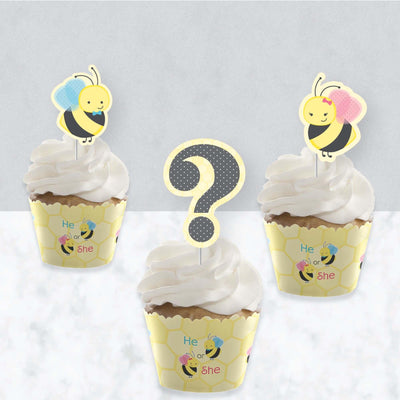 What Will It BEE? - Cupcake Decoration - Gender Reveal Cupcake Wrappers and Treat Picks Kit - Set of 24