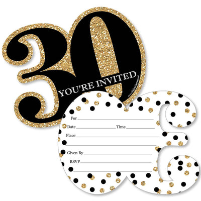 Adult 30th Birthday - Gold - Shaped Fill-In Invitations - Birthday Party Invitation Cards with Envelopes - Set of 12