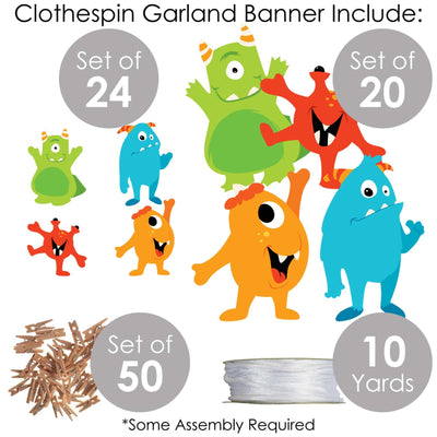 Monster Bash - Little Monster Birthday Party or Baby Shower DIY Decorations - Clothespin Garland Banner - 44 Pieces