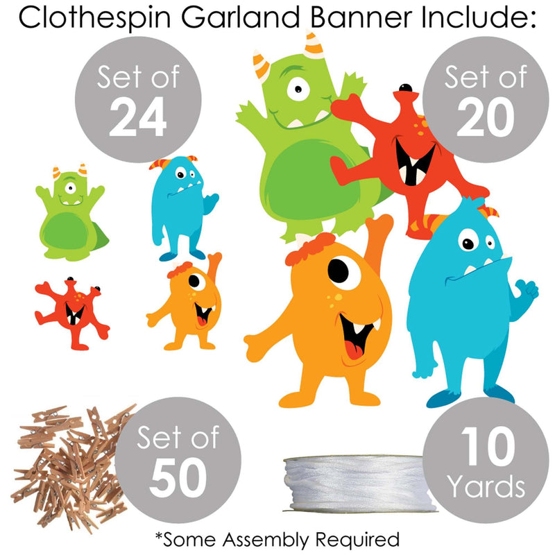 Monster Bash - Little Monster Birthday Party or Baby Shower DIY Decorations - Clothespin Garland Banner - 44 Pieces