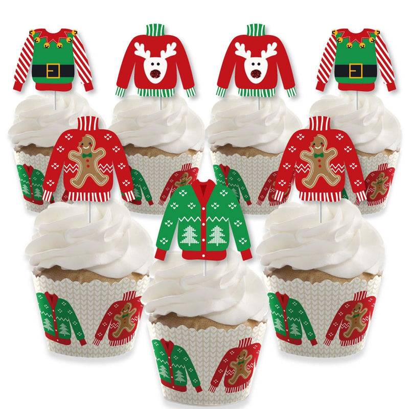 Ugly Sweater - Cupcake Decoration - Holiday and Christmas Party Cupcake Wrappers and Treat Picks Kit - Set of 24