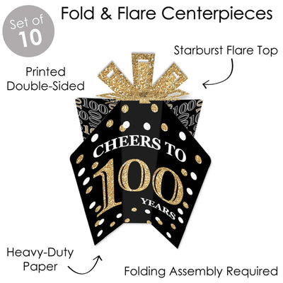 Adult 100th Birthday - Gold - Table Decorations - Birthday Party Fold and Flare Centerpieces - 10 Count