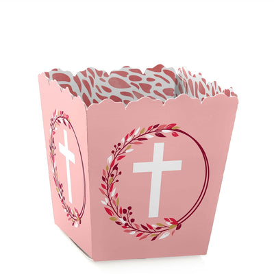 Pink Elegant Cross - Party Mini Favor Boxes - Girl Religious Party Treat Candy Boxes - Set of 12