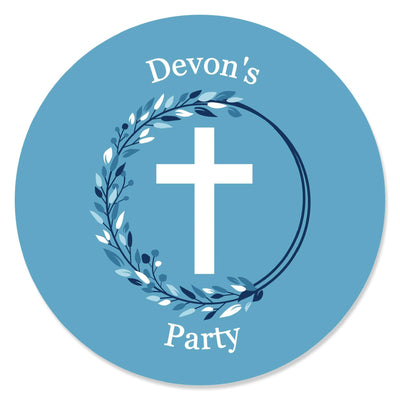 Blue Elegant Cross - Round Personalized Boy Religious Party Circle Sticker Labels - 24 ct