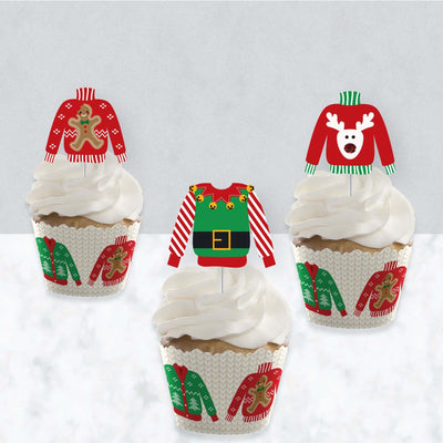 Ugly Sweater - Cupcake Decoration - Holiday and Christmas Party Cupcake Wrappers and Treat Picks Kit - Set of 24