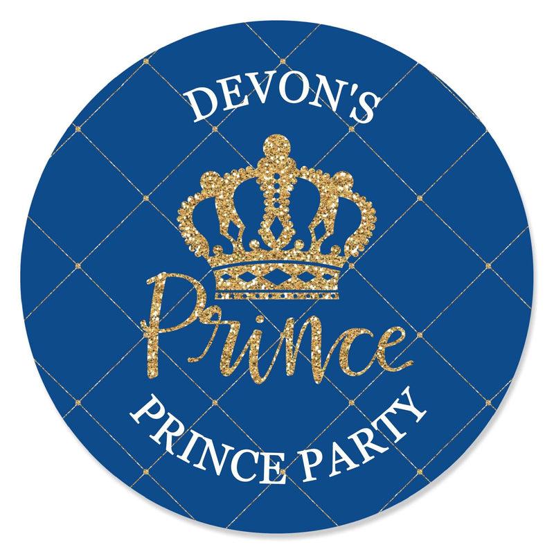 Royal Prince Charming - Personalized Baby Shower or Birthday Party Circle Sticker Labels - 24 Count
