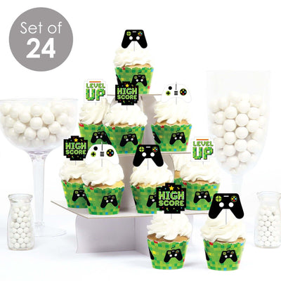 Game Zone - Cupcake Decoration - Pixel Video Game Party or Birthday Party Cupcake Wrappers and Treat Picks Kit - Set of 24