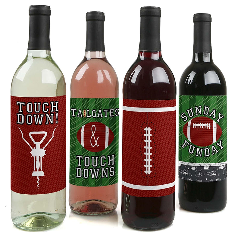 End Zone - Football - Baby Shower or Birthday Party Decorations for Women and Men - Wine Bottle Label Stickers - Set of 4