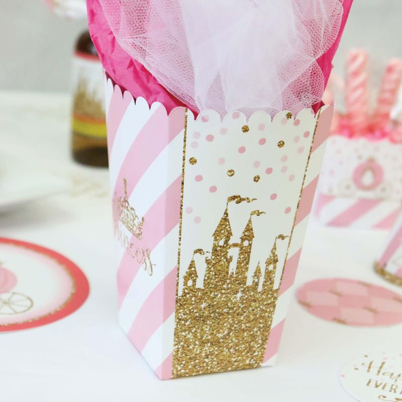 Little Princess Crown - Pink and Gold Princess Baby Shower or Birthday Party Favor Popcorn Treat Boxes - Set of 12