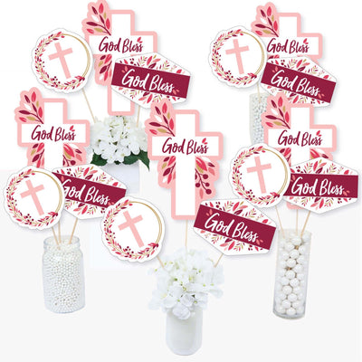 Pink Elegant Cross - Girl Religious Party Centerpiece Sticks - Table Toppers - Set of 15