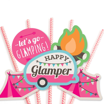 Let's Go Glamping - Paper Straw Decor - Camp Glamp Party or Birthday Party Striped Decorative Straws - Set of 24