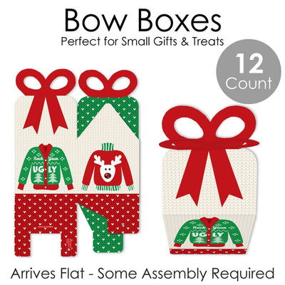 Ugly Sweater - Square Favor Gift Boxes - Holiday and Christmas Party Bow Boxes - Set of 12