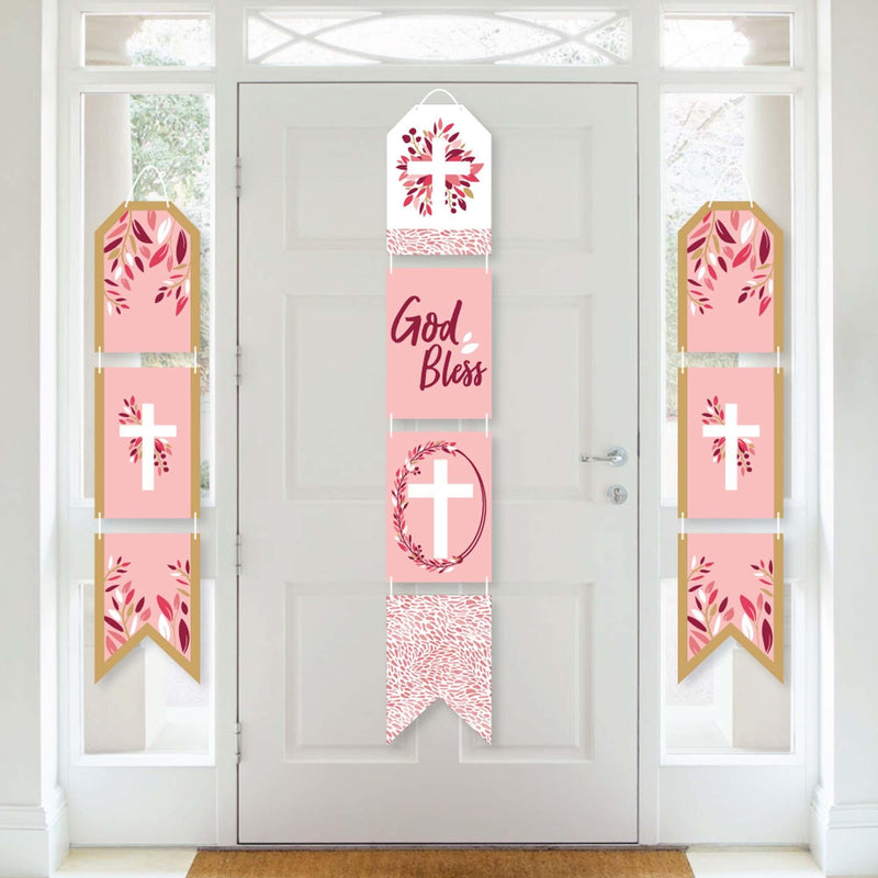 Pink Elegant Cross - Hanging Vertical Paper Door Banners - Girl Religious Party Wall Decoration Kit - Indoor Door Decor