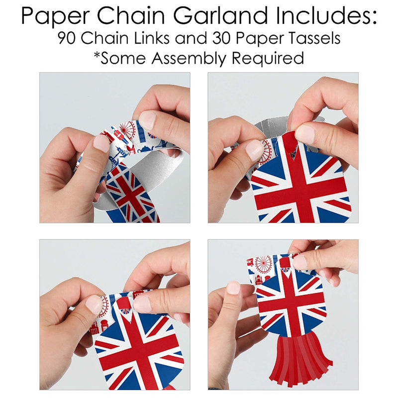 Cheerio, London - 90 Chain Links and 30 Paper Tassels Decoration Kit - British UK Party Paper Chains Garland - 21 feet