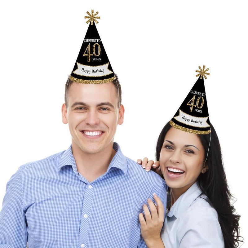 Adult 40th Birthday - Gold - Cone Birthday Party Hats for Adults - Set of 8 (Standard Size)