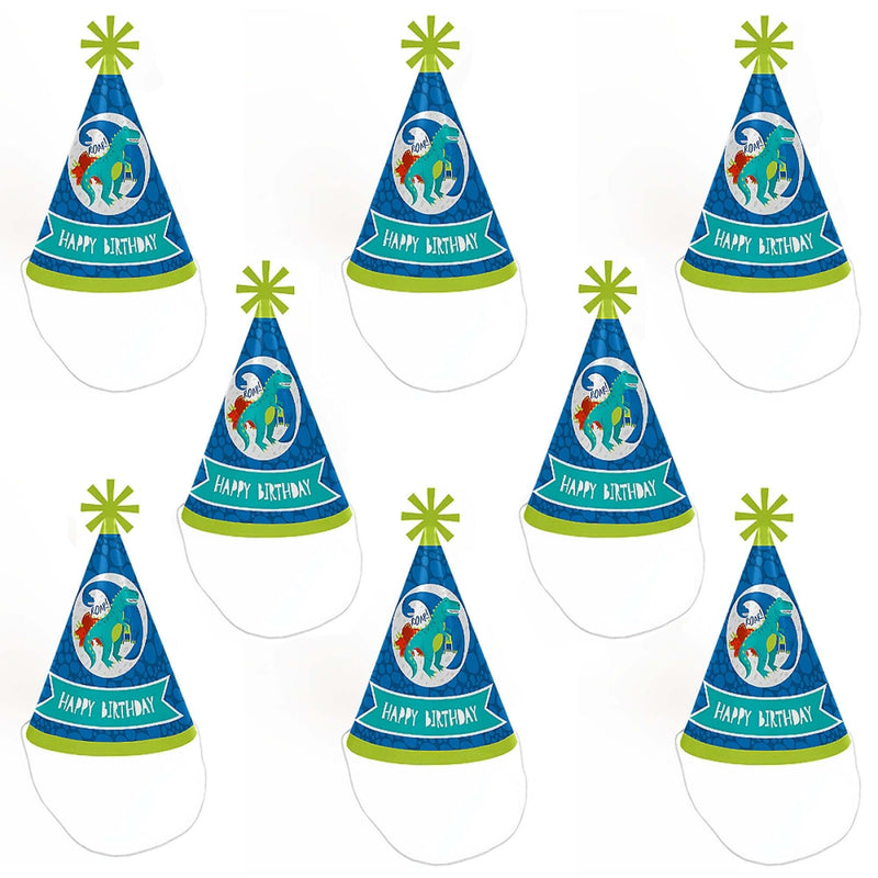 Roar Dinosaur - Cone Happy Birthday Party Hats for Kids and Adults - Set of 8 (Standard Size)