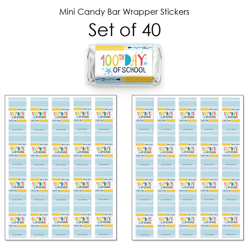 Happy 100th Day of School - Mini Candy Bar Wrapper Stickers - 100 Days Party Small Favors - 40 Count