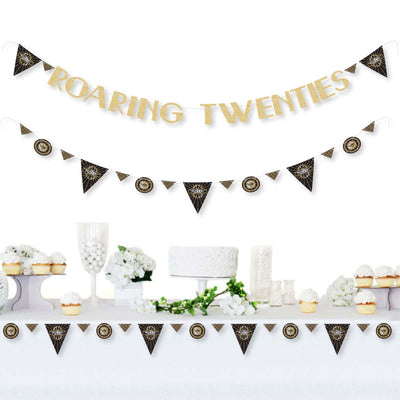 Roaring 20's - 1920s Art Deco Jazz Party Letter Banner Decoration - 36 Banner Cutouts and No-Mess Real Gold Glitter Roaring Twenties Banner Letters
