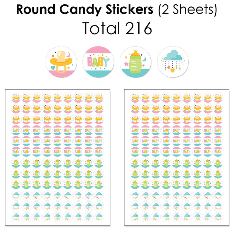 Colorful Baby Shower - Mini Candy Bar Wrappers, Round Candy Stickers and Circle Stickers - Gender Neutral Party Candy Favor Sticker Kit - 304 Pieces