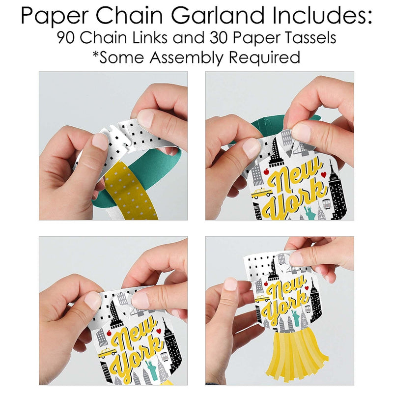 NYC Cityscape - 90 Chain Links and 30 Paper Tassels Decoration Kit - New York City Party Paper Chains Garland - 21 feet