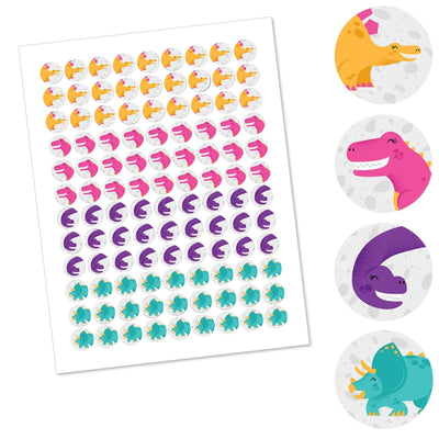 Roar Dinosaur Girl - Dino Mite T-Rex Baby Shower or Birthday Party Round Candy Sticker Favors - Labels Fit Hershey's Kisses - 108 ct