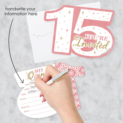 Mis Quince Anos - Shaped Fill-In Invitations - Quinceanera Sweet 15 Birthday Party Invitation Cards with Envelopes - Set of 12