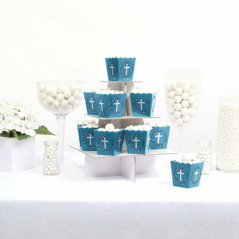 Blue Elegant Cross - Party Mini Favor Boxes - Boy Religious Party Treat Candy Boxes - Set of 12