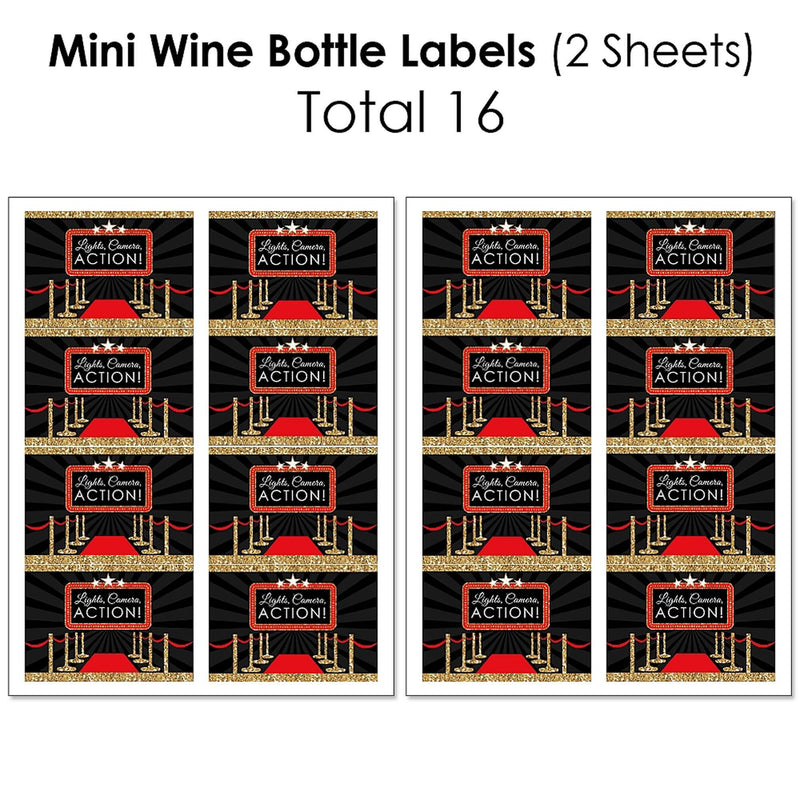 Red Carpet Hollywood - Mini Wine Bottle Labels, Wine Bottle Labels and Water Bottle Labels - Movie Night Party Decorations - Beverage Bar Kit - 34 Pieces