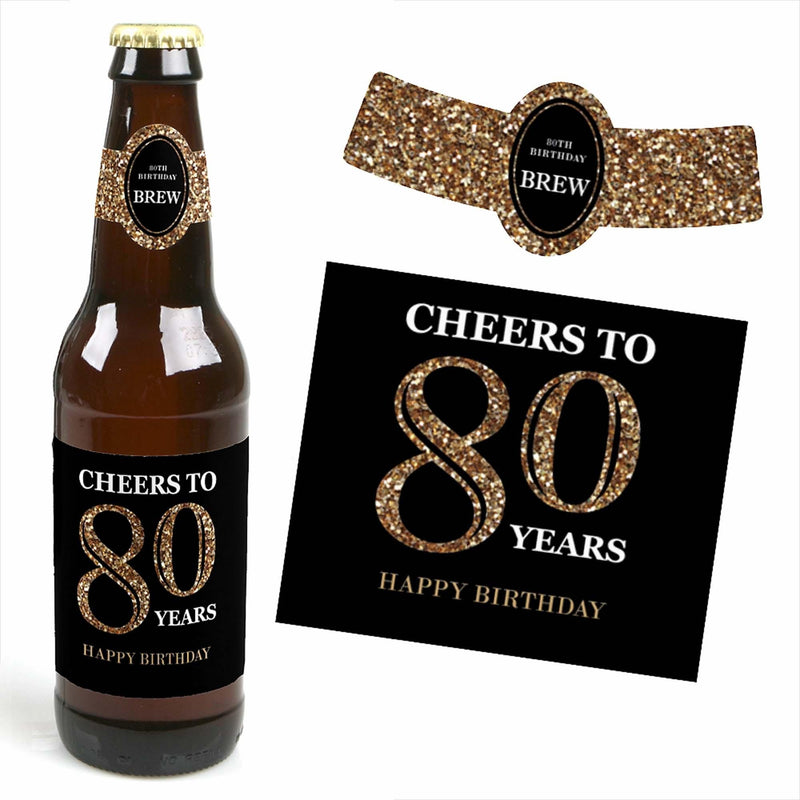 Adult 80th Birthday - Gold - Decorations for Women and Men - 6 Beer Bottle Labels and 1 Carrier - Birthday Gift