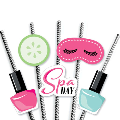 Spa Day - Paper Straw Decor - Girls Makeup Party Striped Decorative Straws - Set of 24