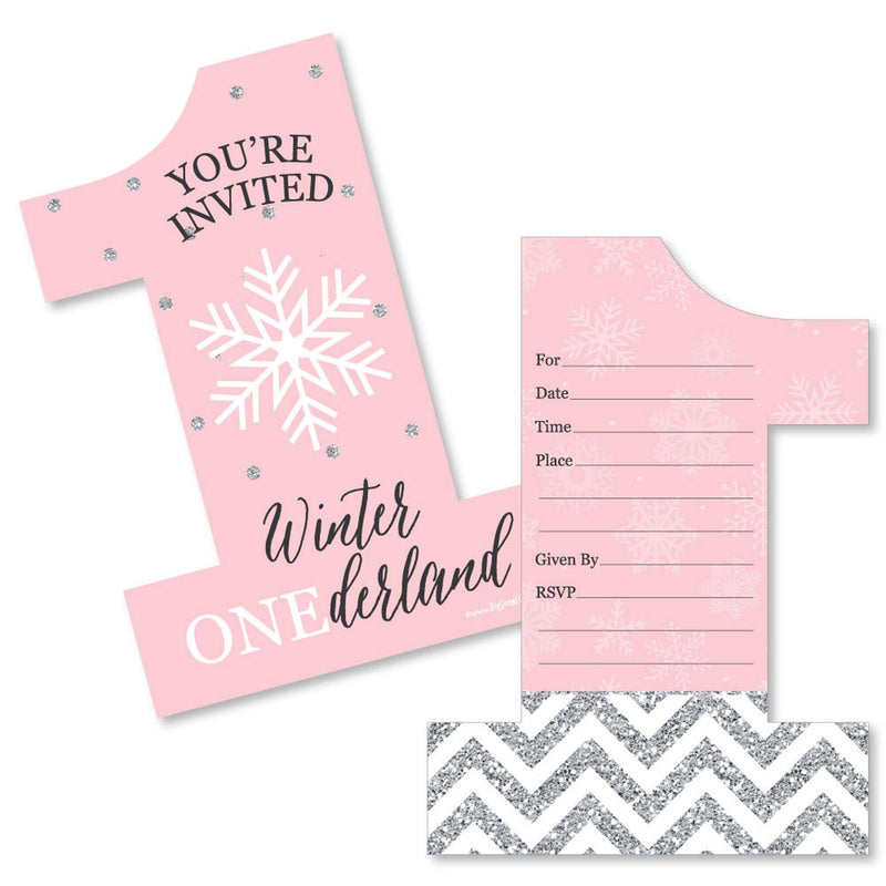 Pink ONEderland - Shaped Fill-In Invitations - Holiday Snowflake Winter Wonderland Birthday Party Invitation Cards with Envelopes - Set of 12