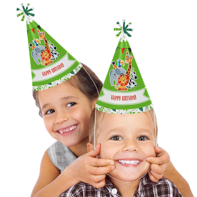 Jungle Party Animals - Cone Safari Zoo Animal Happy Birthday Party Hats for Kids and Adults - Set of 8 (Standard Size)