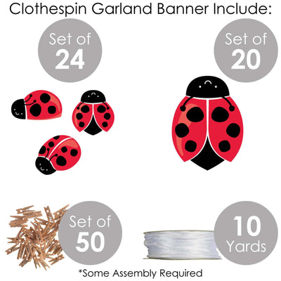 Happy Little Ladybug - Baby Shower or Birthday Party DIY Decorations - Clothespin Garland Banner - 44 Pieces