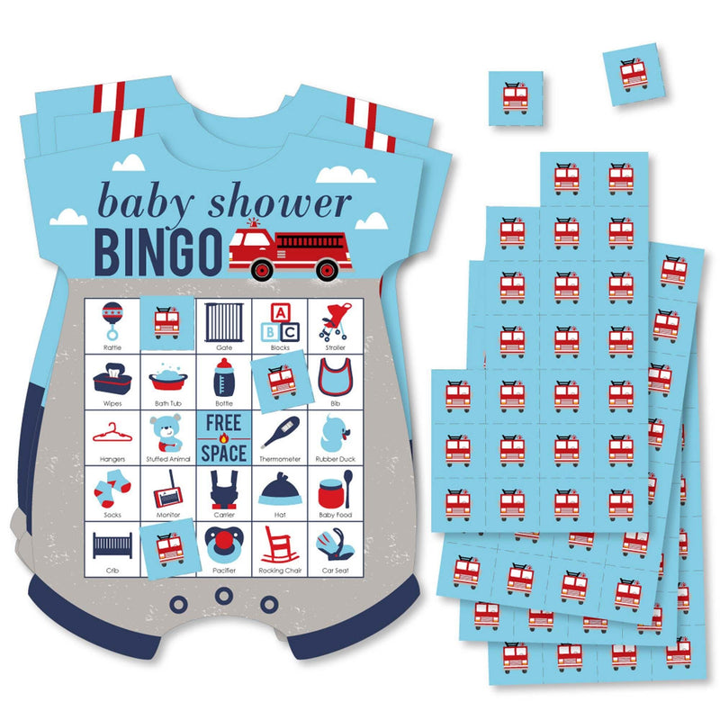 Fired Up Fire Truck - Picture Bingo Cards and Markers - Firetruck Baby Shower Shaped Bingo Game - Set of 18