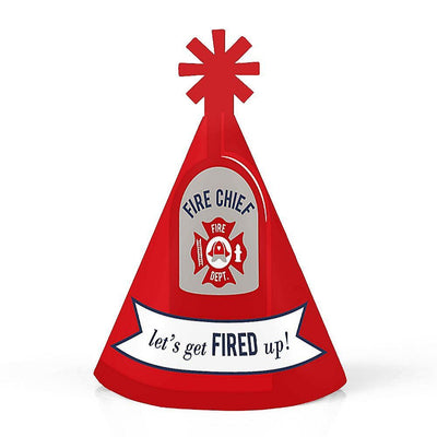 Fired Up Fire Truck - Mini Cone Firefighter Firetruck Baby Shower or Birthday Party Hats - Small Little Party Hats - Set of 8