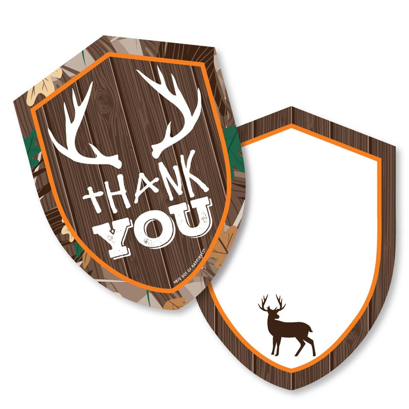 Gone Hunting - Shaped Thank You Cards - Deer Hunting Camo Party Thank You Note Cards with Envelopes - Set of 12