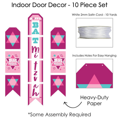Pink Bat Mitzvah - Hanging Vertical Paper Door Banners - Girl Party Wall Decoration Kit - Indoor Door Decor