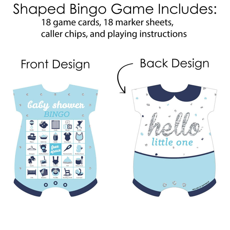 Hello Little One - Blue and Silver - Picture Bingo Cards and Markers - Boy Baby Shower Shaped Bingo Game - Set of 18