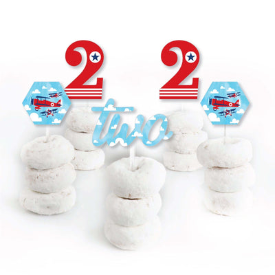 2nd Birthday Taking Flight - Airplane - Dessert Cupcake Toppers - Vintage Plane Second Birthday Party Clear Treat Picks - Set of 24