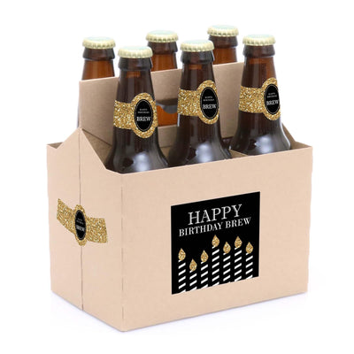 Adult Happy Birthday - Gold - Decorations for Women and Men - 6 Beer Bottle Labels and 1 Carrier - Birthday Gift