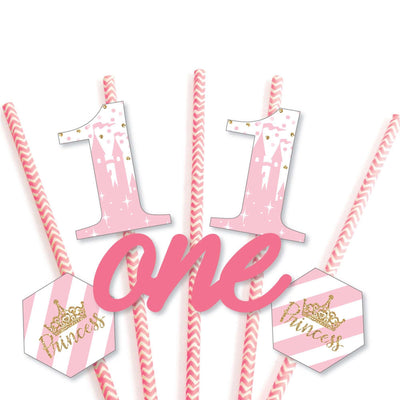 1st Birthday Little Princess Crown - Paper Straw Decor - Pink and Gold Princess First Birthday Party Striped Decorative Straws - Set of 24