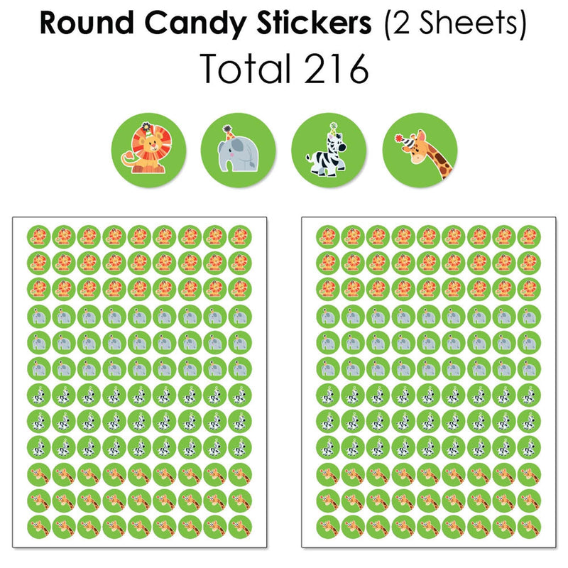 Jungle Party Animals - Mini Candy Bar Wrappers, Round Candy Stickers and Circle Stickers - Safari Zoo Animal Birthday Party or Baby Shower Candy Favor Sticker Kit - 304 Pieces