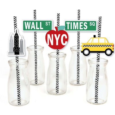 NYC Cityscape - Paper Straw Decor - New York City Party Striped Decorative Straws - Set of 24
