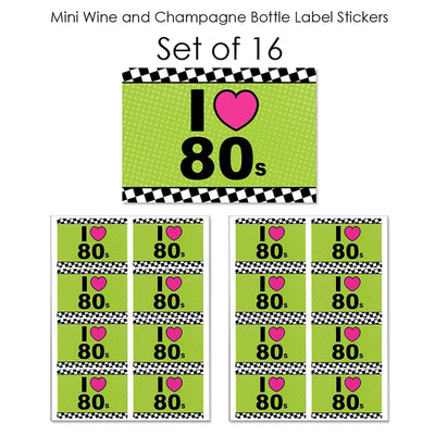 80's Retro - Mini Wine and Champagne Bottle Label Stickers - Totally 1980s Party Favor Gift for Women and Men - Set of 16