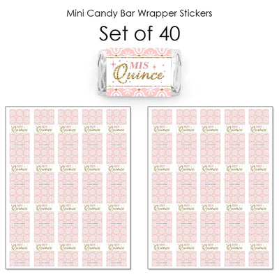 Mis Quince Anos - Mini Candy Bar Wrappers Stickers - Quinceanera Sweet 15 Birthday Party Small Favors - 40 Count