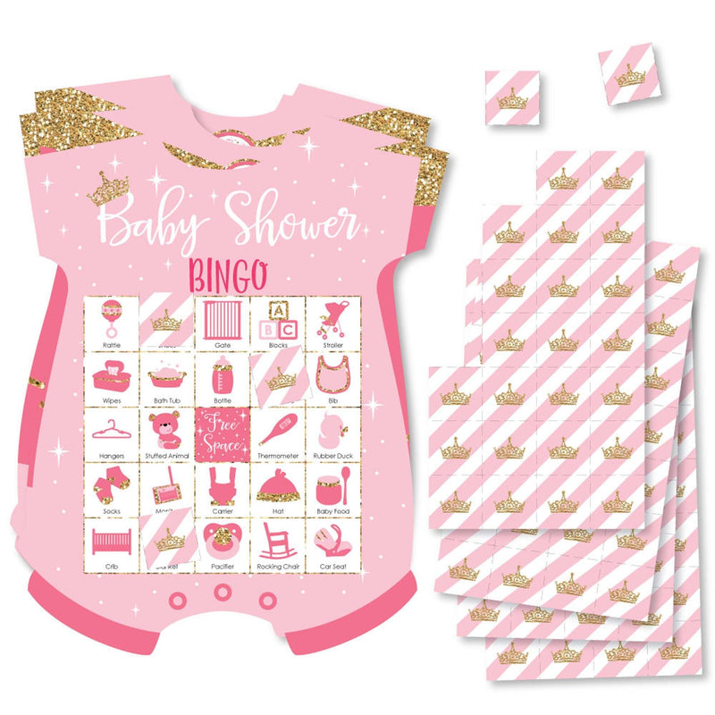 Little Princess Crown - Picture Bingo Cards and Markers - Pink and Gold Princess Baby Shower Shaped Bingo Game - Set of 18
