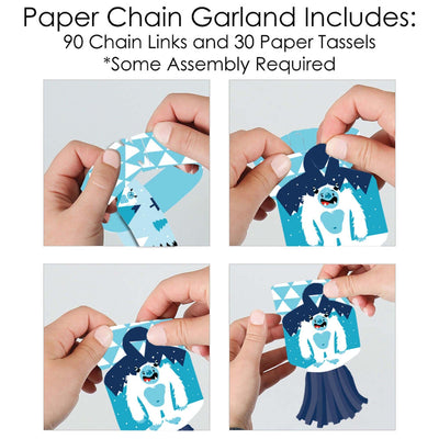 Yeti to Party - 90 Chain Links and 30 Paper Tassels Decoration Kit - Abominable Snowman Party or Birthday Party Paper Chains Garland - 21 feet