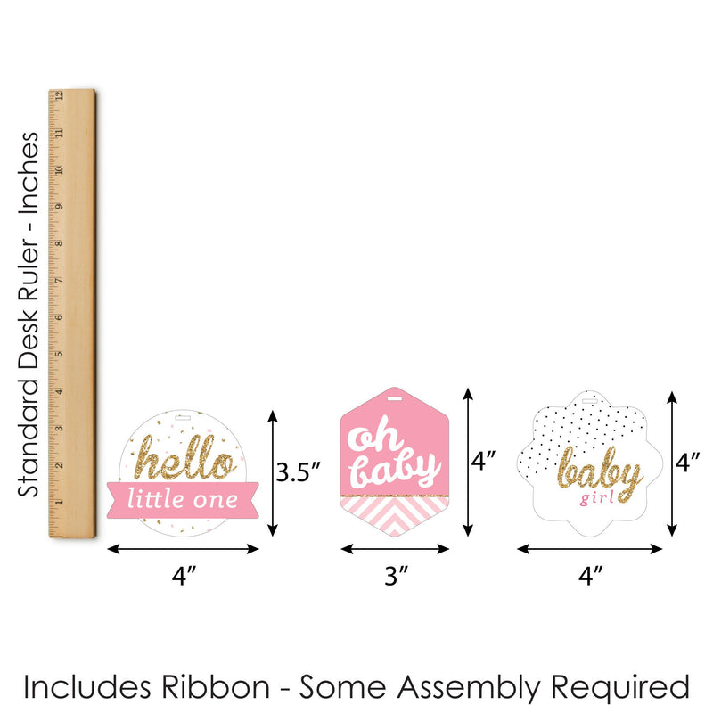 Hello Little One - Pink and Gold - Assorted Hanging Girl Baby Shower Favor Tags - Gift Tag Toppers - Set of 12