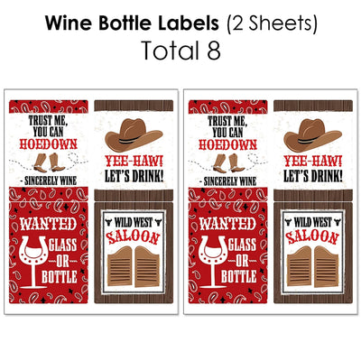 Western Hoedown - Mini Wine Bottle Labels, Wine Bottle Labels and Water Bottle Labels - Wild West Cowboy Party Decorations - Beverage Bar Kit - 34 Pieces