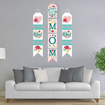 Colorful Floral Happy Mother's Day - Hanging Vertical Paper Door Banners - We Love Mom Party Wall Decoration Kit - Indoor Door Decor